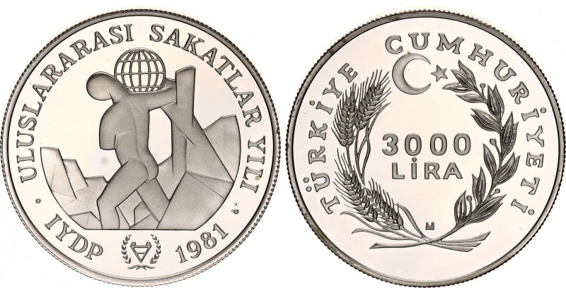 Turkey 3000 Lira 1981 Piedfort
KM# P2; Silver, Proof; International Year of Dis...