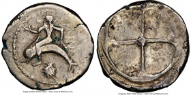 CALABRIA. Tarentum. Ca. 480-450 BC. AR didrachm (19mm, 7.78 gm). NGC VF 4/5 - 3/5, brushed. TARA, Taras astride dolphin left, right hand outstretched;...