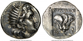 CARIAN ISLANDS. Rhodes. Ca. 188-170 BC. AR drachm (15mm, 12h). NGC AU. Plinthophoric standard, Stasion, magistrate. Radiate head of Helios right / ΣTA...