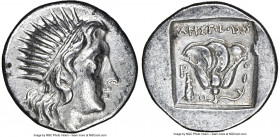 CARIAN ISLANDS. Rhodes. Ca. 188-170 BC. AR drachm (15mm, 11h). NGC Choice XF. Plinthophoric standard, Aristoboulus, magistrate. Radiate head of Helios...