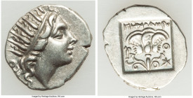 CARIAN ISLANDS. Rhodes. Ca. 88-84 BC. AR drachm (16mm, 2.35 gm, 11h). Choice XF. Plinthophoric standard, Menodorus, magistrate. Radiate head of Helios...