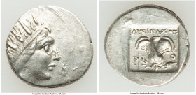 CARIAN ISLANDS. Rhodes. Ca. 88-84 BC. AR drachm (15mm, 2.69 gm, 11h). XF. Plinthophoric standard, Lysimachus, magistrate. Radiate head of Helios right...