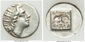 CARIAN ISLANDS. Rhodes. Ca. 88-84 BC. AR drachm (14mm, 2.58 gm, 11h). XF. Plinthophoric standard, Zenon, magistrate. Radiate head of Helios right / ZH...