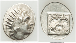 CARIAN ISLANDS. Rhodes. Ca. 88-84 BC. AR drachm (16mm, 2.80 gm, 11h). Choice VF. Plinthophoric standard, Nicephorus, magistrate. Radiate head of Helio...