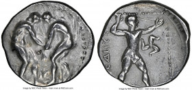 PAMPHYLIA. Aspendus. Ca. 380-325 BC. AR stater (23mm, 1h). NGC VF. Two wrestlers grappling, BA between, all in dotted circle / EΣTFEΔIIYΣ, slinger aim...