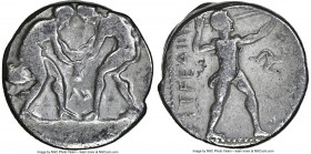 PAMPHYLIA. Aspendus. Ca. 380-325 BC. AR stater (21mm, 11h). NGC Fine. Two wrestlers grappling; ΛM between / EΣTFEΔIIYΣ, slinger standing right, placin...