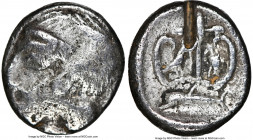 PHILISTIA. Uncertain mint. Ca. 5th-4th centuries BC. AR drachm (13mm, 6h). NGC Fine, test cut. Bearded male head left / Paradise flower, with two bird...