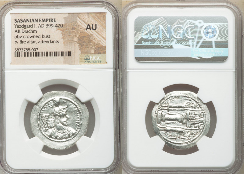 SASANIAN KINGDOM. Yazdgard (Yazdgird) I (AD 399-420). AR drachm (28mm, 3h). NGC ...