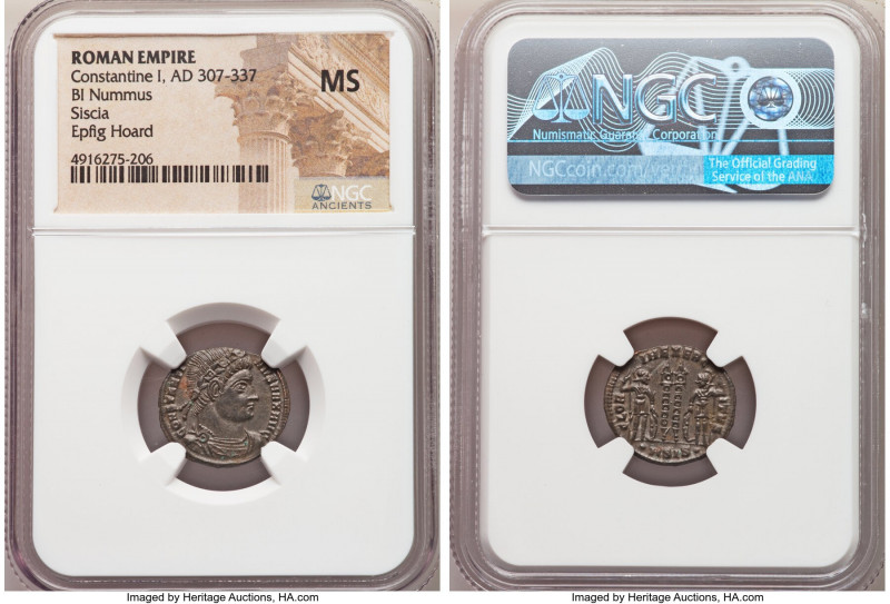 Constantine I the Great (AD 307-337). AE3 or BI nummus (18mm, 12h). NGC MS. Sisc...