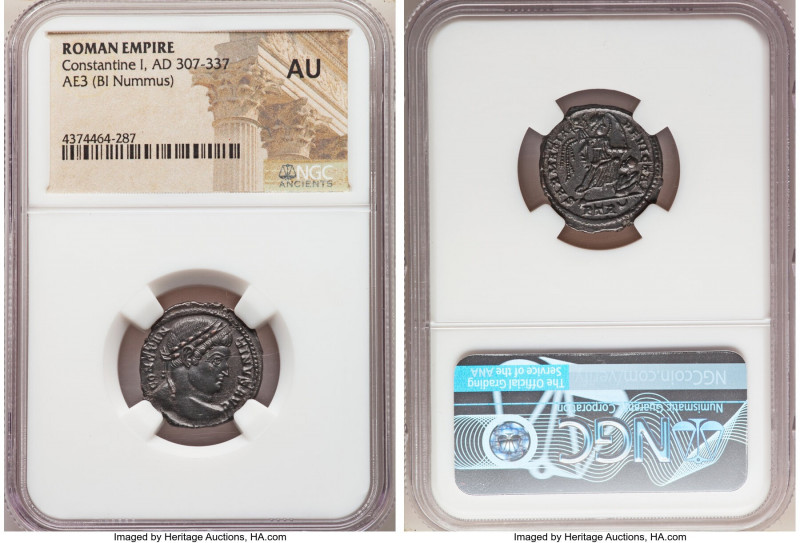 Constantine I the Great (AD 307-337). AE3 or BI nummus (20mm, 6h). NGC AU. Trier...