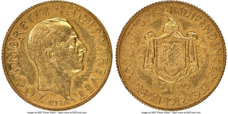 Zog I gold 20 Franga Ari 1937-R UNC Details (Cleaned) NGC, Rome mint, KM20. Mint...