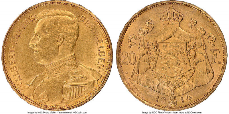 Albert I 20 Francs 1914 UNC Details (Cleaned) NGC, Brussels mint, KM79. Flemish ...