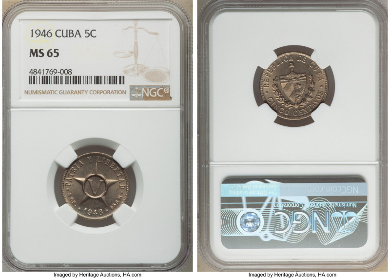Republic 5 Centavos 1946 MS65 NGC, Philadelphia mint, KM11.3. Lustrous surfaces ...
