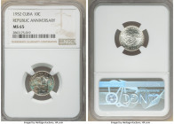 Republic 10 Centavos 1952 MS65 NGC, Philadelphia mint, KM23. Centenary of Cuban Independence commemorative. Aqua and russet toned reverse. 

HID0980...