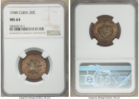 Republic 20 Centavos 1948 MS64 NGC, Philadelphia mint, KM13.2. Luster muted by dark golden-brown toning with flares of jade, red and orange.

HID098...