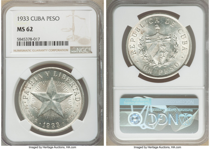 Republic "Star" Peso 1933 MS62 NGC, Philadelphia mint, KM15.2.

HID09801242017...