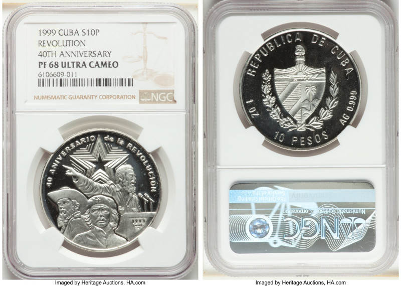 Republic Proof 10 Pesos 1999 PR68 Ultra Cameo NGC, Havana mint, KM672. Revolutio...