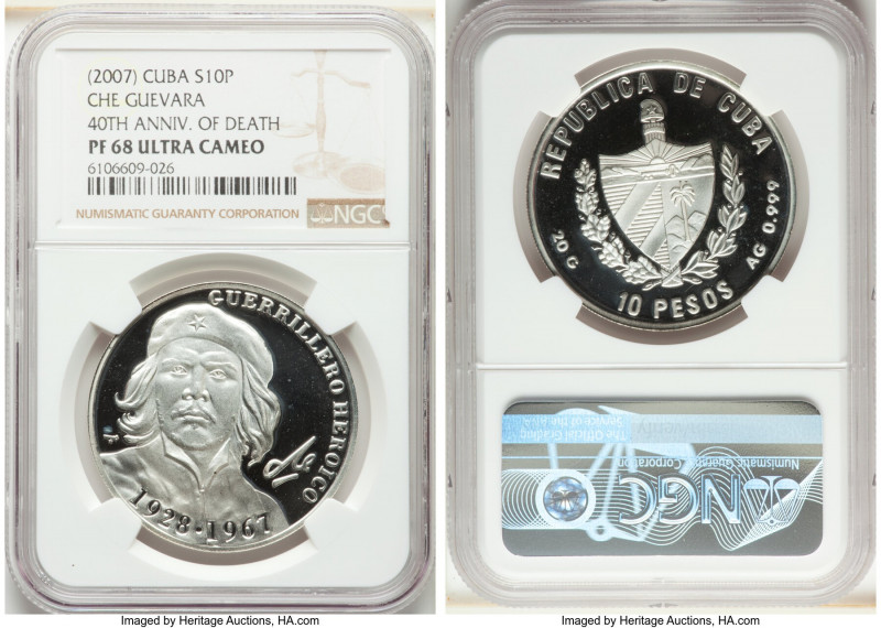 Republic Proof 10 Pesos 2007 PR68 Ultra Cameo NGC, Havana mint, KM886. Che Gueva...