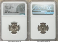 Lons-Le-Saunier Denier ND (1000-1200) Authentic NGC, Rob-1726. 0.68gm. +BLEDONIS tetrastyle temple containing cross, long oval below / +CARLVS REX, cr...