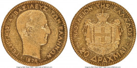 George I gold 20 Drachmai 1876-A AU55 NGC, Paris mint, KM49. Mintage: 37,000. One year type. Brilliant reflective fields. AGW 0.1867 oz. 

HID098012...