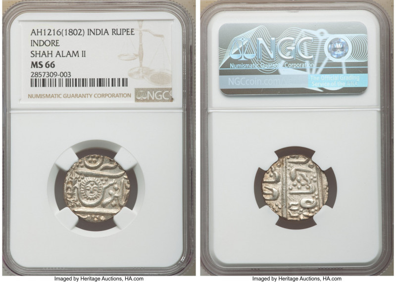 Indore. Shah Alam II Rupee AH 1216 (1801/1802) MS66 NGC, Masheshwar mint, KM76. ...