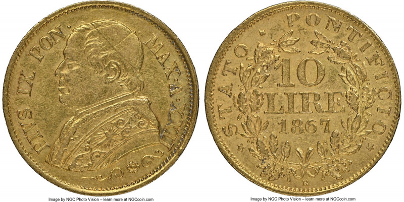 Papal States. Pius IX gold 10 Lire Anno XXII (1867)-R AU55 NGC, Rome mint, KM138...