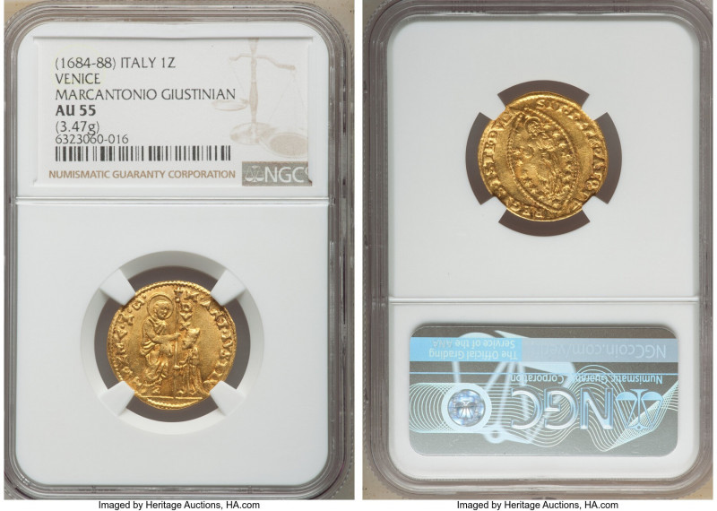 Venice. Marcantonio Giustinian gold Zecchino ND (1684-1688) AU55 NGC, KM385, Fr-...