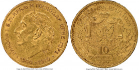 Nicholas I gold 10 Perpera 1910 MS60 NGC, KM9. Mislabeled as bare head it is actually laureate head. 50th Year of Reign commemorative. 

HID09801242...
