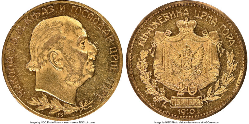 Nicholas I gold 20 Perpera 1910 MS62 NGC, KM10. Bare head type. 

HID098012420...