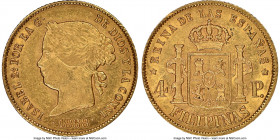 Spanish Colony. Isabel II gold 4 Pesos 1868/58 AU53 NGC, Manila mint, KM144. Buttery-golden color with residual luster. 

HID09801242017

© 2020 H...