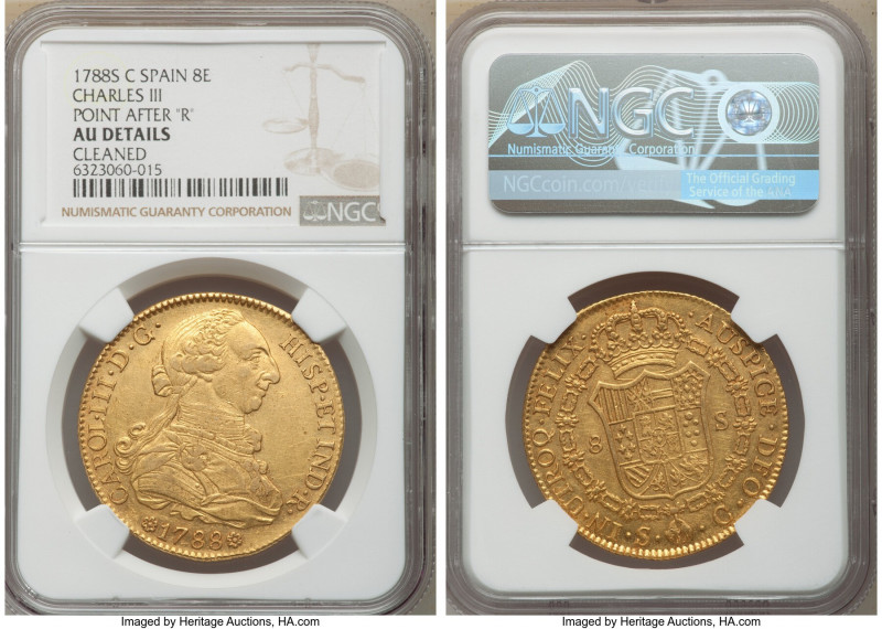 Charles III gold 8 Escudos 1788 S-C AU Details (Cleaned) NGC, Seville mint, KM40...