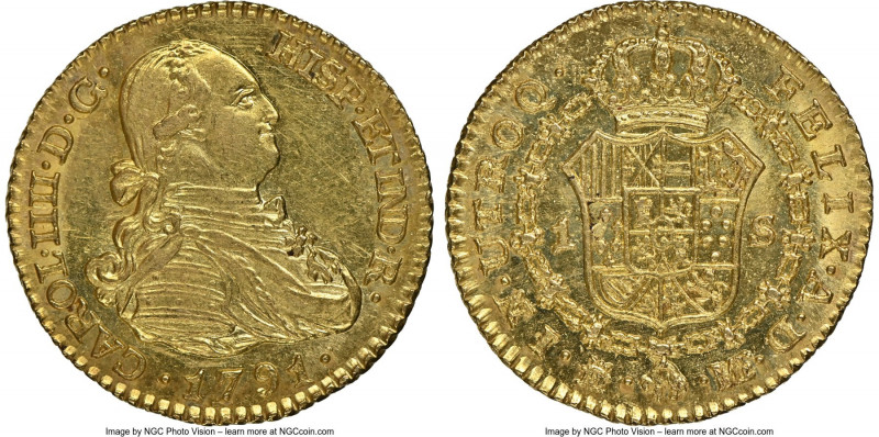 Charles IV gold Escudo 1791 M-MF MS63 NGC, Madrid mint, KM434. Glimmering fields...