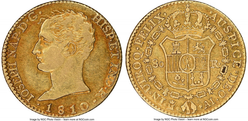 Joseph Napoleon gold "De Vellon" 80 Reales 1810 M-AI AU50 NGC, KM542, Fr-301. 
...