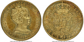Isabel II gold "De Vellon" 80 Reales 1839 B-PS MS62 NGC, Barcelona mint, KM578.1, Cal-55. "Const" (T below bust). 

HID09801242017

© 2020 Heritag...
