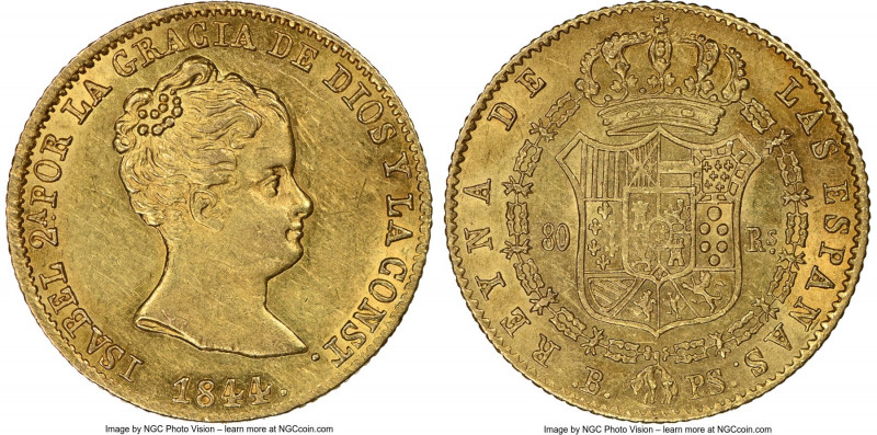 Isabel II gold "De Vellon" 80 Reales 1844 B-PS AU58 NGC, Barcelona mint, KM-A579...