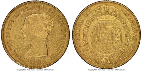 Isabel II gold 100 Reales 1850 B-SM AU Details (Cleaned) NGC, Barcelona mint, KM594.1. Scarce two year type. 

HID09801242017

© 2020 Heritage Auc...