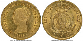 Isabel II gold 100 Reales 1855 UNC Details (Obverse Cleaned) NGC, Seville mint, KM596.3. AGW 0.2412 oz. Cartwheel luster. 

HID09801242017

© 2020...
