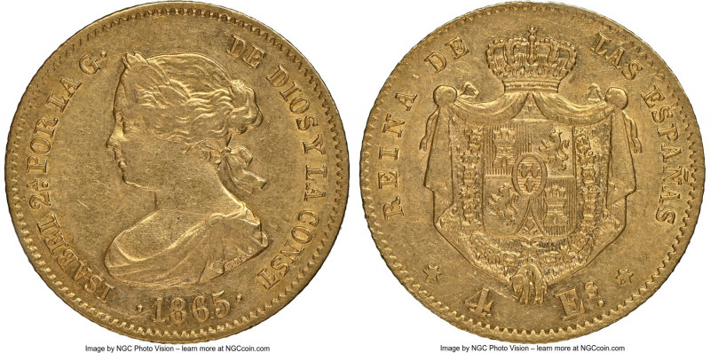 Isabel II gold 4 Escudos 1865 AU53 NGC, Madrid mint, KM631.1. AGW 0.0971 oz. 
...