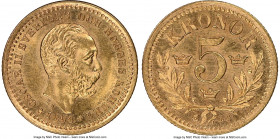 Oscar II gold 5 Kronor 1894-EB UNC Details (Obverse Graffiti) NGC, KM756. Rose toned, graffiti consist of small cross behind head. 

HID09801242017...
