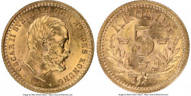 Oscar II gold 5 Kronor 1901-EB MS64+ NGC, KM766. Wire rims and satin surfaces showcase the presentation of this beauty. 

HID09801242017

© 2020 H...
