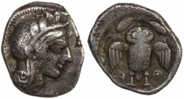 ATTICA: Athens, AR trihemiobol (0.98g), ca. 454-404 BC, HCG-4/1647, SNG Copenhagen-51, helmeted head of Athena right // owl standing facing, wings spr...