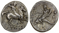 CALABRIA: Tarentum, AR nomos (6.47g), ca. 280-272 BC, Vlasto-714, HNI-1001, magistrates Eu, Sostratos and Poly, warrior on horseback right, brandishin...