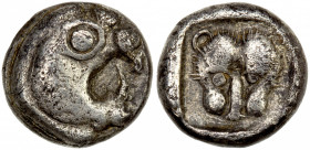 CARIA: Uncertain Mint, AR obol (0.63g), ca. 450-400 BC, cf. SNG Kayhan-983, stylized head of griffin right // lion scalp within incuse square, a parti...