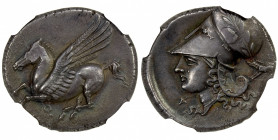 CORINTHIA: Corinth, AR stater (8.34g), ca. 375-300 BC, Ravel-1017, SNG Copenhagen-68, Pegasos flying left, qoppa below // head of Athena to left, wear...