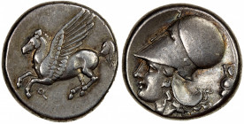 CORINTHIA: Corinth, AR stater (8.58g), ca. 345-285 BC, Ravel-1050, HGC-4/1848, Pegasos flying left, qoppa below // helmeted head of Athena left, and t...