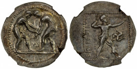PAMPHYLIA: Aspendos, AR stater (10.98g), ca. 380/75-330/25 BC, Tekin series 4, SNG BN-101, two wrestlers grappling, F between // slinger striding righ...