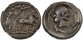 SICILY: Syracuse, Deinomenid Tyranny, AR tetradrachm (17.46g), ca. 480-475 BC, SNG ANS-56, HGC-2/1306, slow quadriga driven right by male charioteer h...