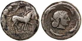 SICILY: Syracuse, Deinomenid Tyranny, AR tetradrachm (15.95g), ca. 480-475 BC, S-913, slow quadriga driven right by male charioteer holding goad, Nike...