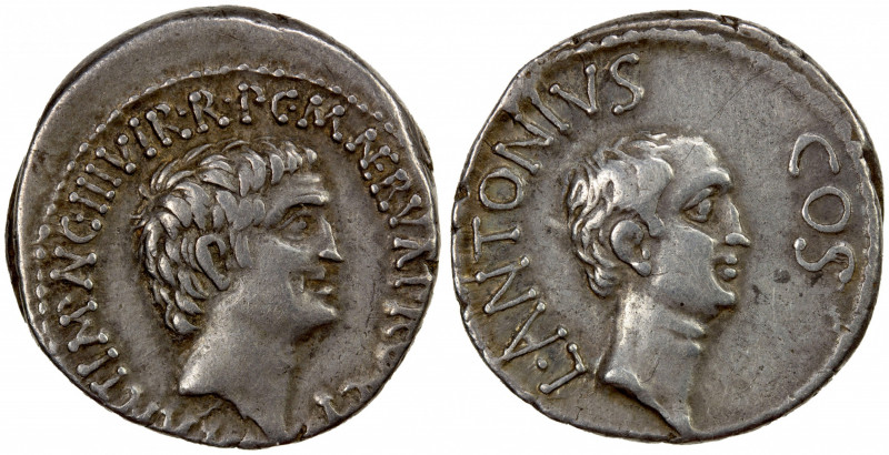 ROMAN IMPERATORIAL PERIOD: Marc Antony with Lucius Antony, as triumvir, AR denar...