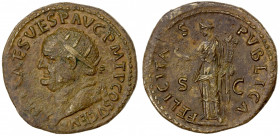 ROMAN EMPIRE: Vespasian, 69-79 AD, AE dupondius (12.73g), Rome, 74 AD, RIC-716, radiate head left, IMP CAES VESP AVG P M T P COS V CENS // Felicitas s...